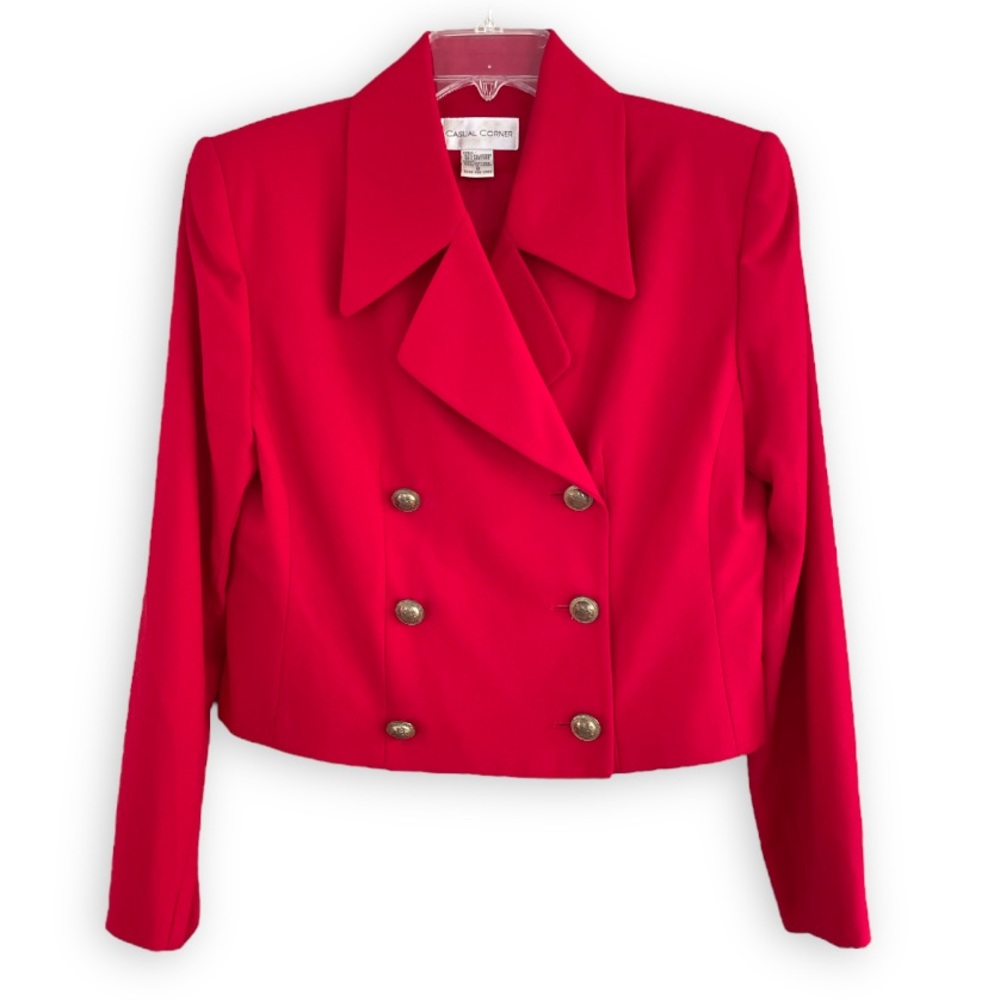 VINTAGE 80s 90s Red Gold Button Chic Blazer W/ Shoulder Pads